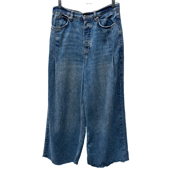 We The Free People Wide Leg Slouchy Old West Jeans Women 29 Button Fly Raw Hem